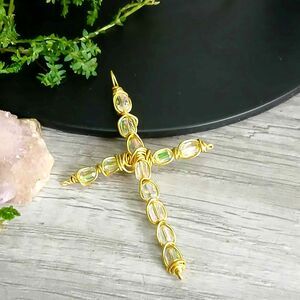 Holographic Glass Beaded Cross Pendant, Wire Wrapped Pendant, 3"